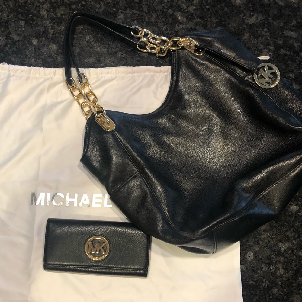 Michael Kors Black Leather Purse & Matching Wallet